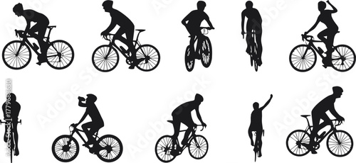 Silhouettes of cyclists riding bikes in various poses on a white background. Perfect for sports design, cycling posters, and fitness concepts. Dynamic vector illustration motion and energy