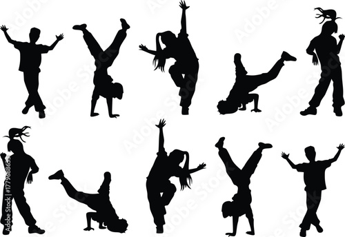 Silhouettes of dancers performing energetic hip-hop and  moves on a white background. Perfect for dance posters, street art, or creative design projects. Dynamic and urban vector style.