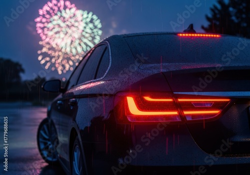 Modern car parked in the rain with fireworks in the background during a new years eve celebration at night