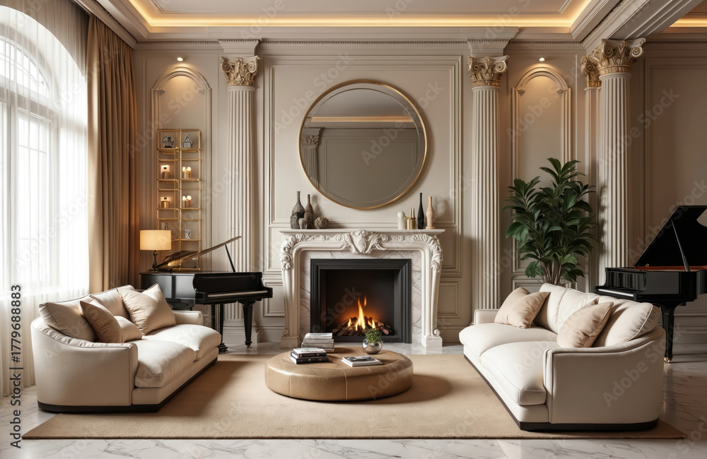 Naklejka premium Luxurious residential interior elegant modern furniture. Two grand pianos, cream sofas, round ottoman define living space. Cozy fireplace, decorative columns, stucco walls add classic charm. Large