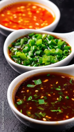 Three vibrant bowls of sauces with chopped green onions on a dark background, perfect for culinary presentations