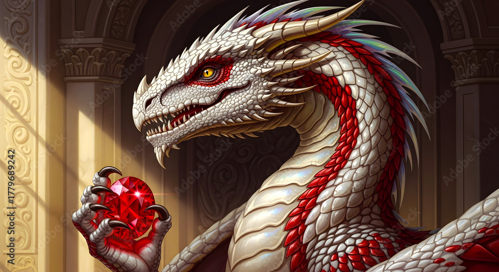 Obraz premium Majestic White Dragon with Ruby Eyes Clutching a Gemstone in a Grand Hall
