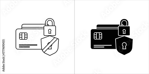 Secure credit card icon with lock and shield, black and white