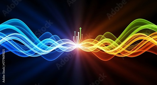 Abstract image of wavy lines converging with upward pointing arrows