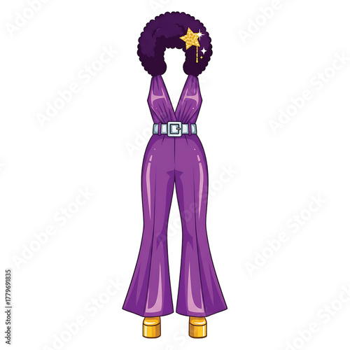 Purple 1970s disco jumpsuit with afro wig and platform shoes, isolated on white background