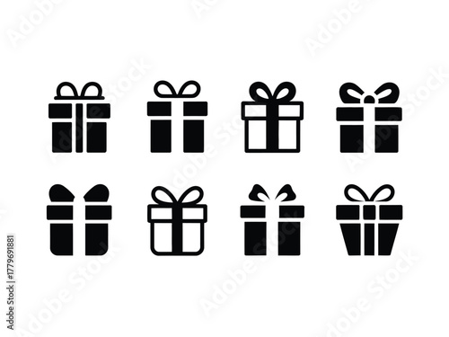 A collection of eight black gift box icons with ribbons are displayed on a white background.
