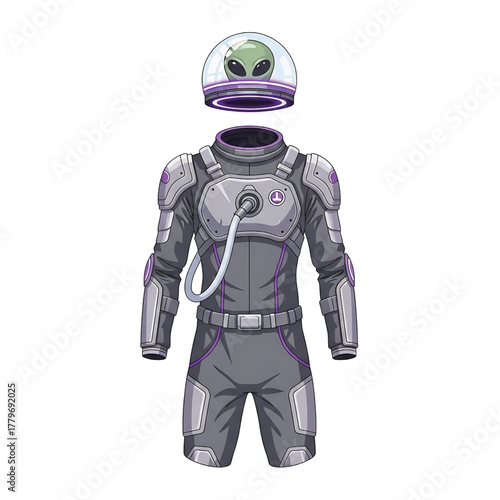 Scifi astronaut suit with alien helmet and futuristic armor, isolated on white background