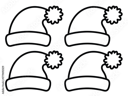 A festive pattern of four outlined Santa hats is displayed, hinting at holiday cheer.