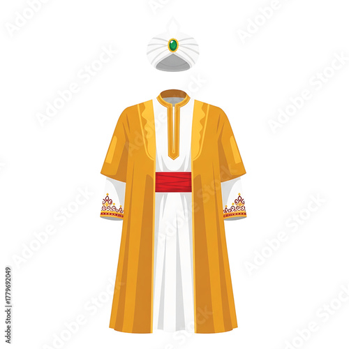 Traditional ottoman sultan robe and turban outfit, isolated on white background