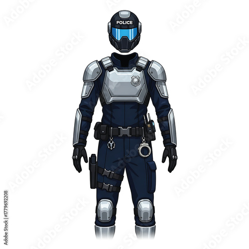 Futuristic riot police officer uniform with tactical gear, isolated on white background