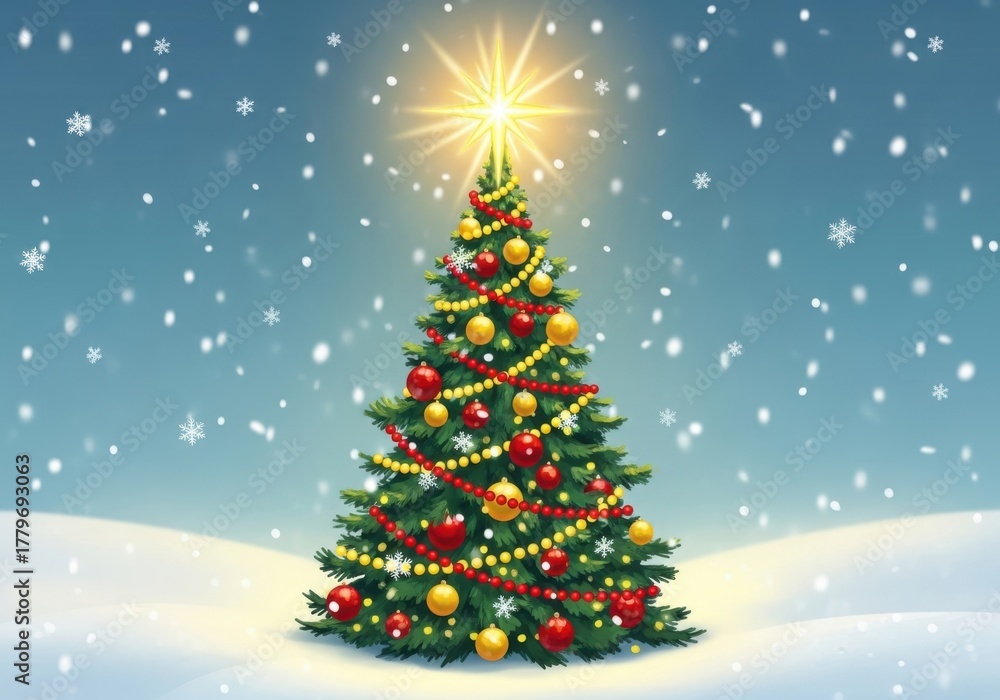 Obraz premium Decorated christmas tree outdoors in gentle snowfall