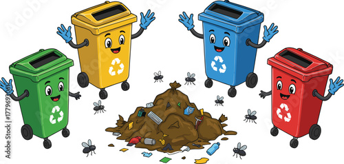 Cartoon recycling bins with smiling faces around garbage pile, waste segregation awareness, eco friendly education, sustainability message, cad drawing flat vector illustration