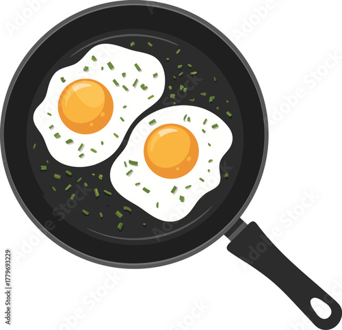 Fried eggs frying pan illustration breakfast food cooking skillet kitchen top view vector