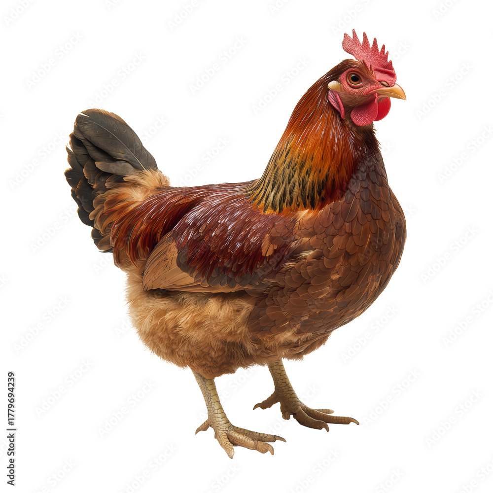 Fototapeta premium Brown Chicken Standing Isolated On Transparent Background Detailed Feathers
