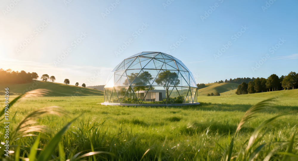 Fototapeta premium Sustainable Glass Dome Habitat in Morning Light