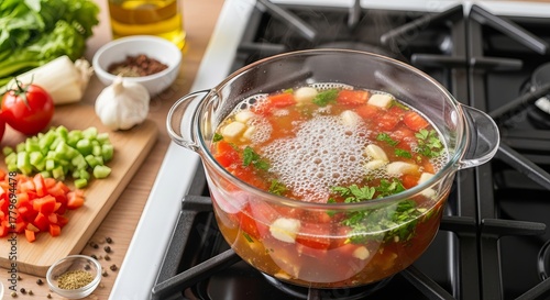 A glass pot of simmering tomato soup with vegetables and herbs sits on a black gas stovetop, with chopped vegetables, garlic, and spices on a wooden board nearby.