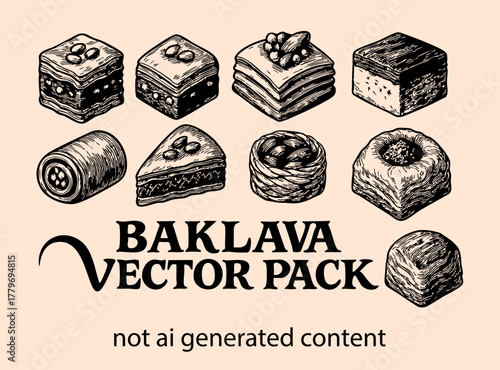 A detailed baklava vector illustration set featuring classic Middle Eastern and Mediterranean desserts. Each piece represents different baklava variations such as Turkish pistachio