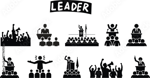 Vector set of leadership icons. Leadership icon Team work icons. Meeting, people group icons vector illustration Business team hierarchy icon  Crowd signs. Containing participants, group