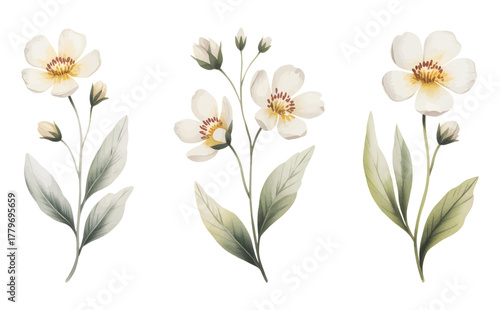 Watercolor wildflowers with green foliage. Botanical watercolor art of wild flowers.