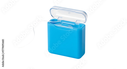 Blue dental floss dispenser with open lid and white thread isolated on a transparent background