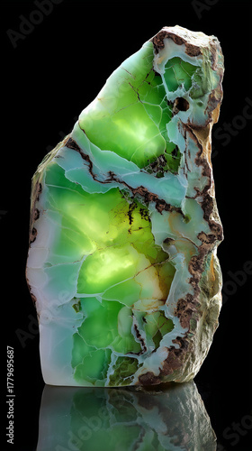 A polished green stone with translucent sections and intricate patterns. The stone has a natural, rough exterior and a smooth, shiny surface.