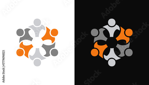 A logo design depicts six stylized human figures in a circular arrangement