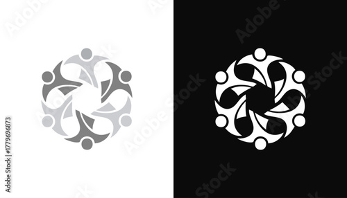 Circular emblem with interconnected human figures on white and black backgrounds