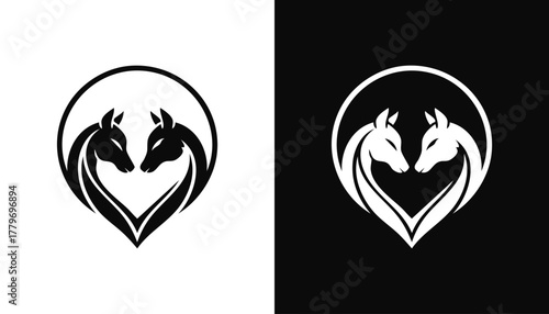 A stylized logo with two horse heads facing each other, forming a heart shape within a circle
