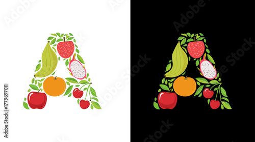 Colorful illustration of the letter "A" crafted from various fruits and leaves. Dual background