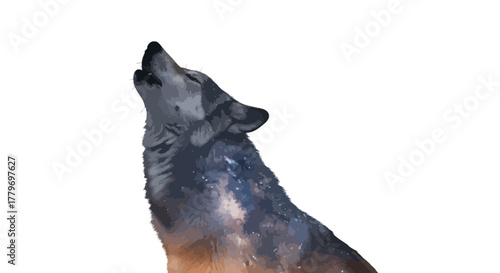 Lone Wolf Howling: Majestic Double Exposure under Starry Night Sky