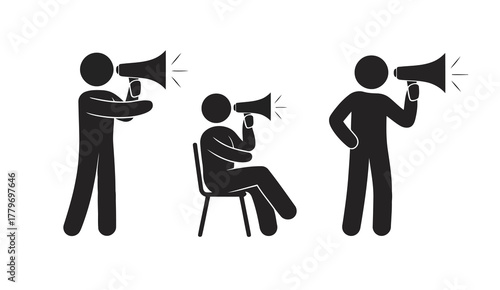 Black Pictogram People Holding Megaphones Illustration for Announcement and Public Communication