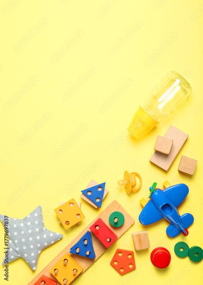 Obraz premium Baby background. Clothing and accessories for a baby. Vertical photo format