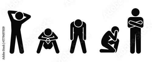 Pictograms Illustrating Stress, Depression, and Anxiety States in Men Silhouette Icons