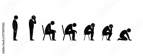 Stick Figure Depression Sequence Standing, Sitting, Kneeling Down Black Silhouette on White