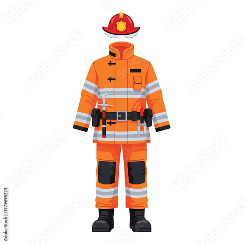 Firefighter uniform with helmet, jacket, pants, and boots isolated on white background