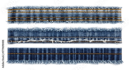 Three strips of frayed denim fabric with visible stitching and texture