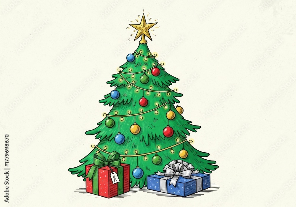 Fototapeta premium Festively decorated christmas tree with presents beneath