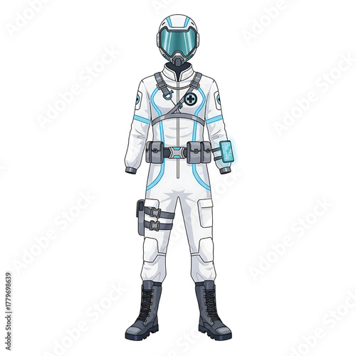 Futuristic astronaut suit with helmet, white and blue accents, and tactical gear isolated on white background