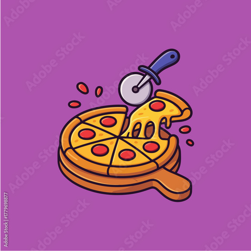 Delicious Pizza Slice Illustration: A freshly baked pizza with pepperoni, sliced and ready to eat, is presented on a wooden board, showcasing a delightful and mouthwatering image.