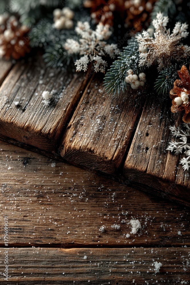 Obraz premium Christmas scene on rustic wooden background with snowflakes, pine branches, and red berries