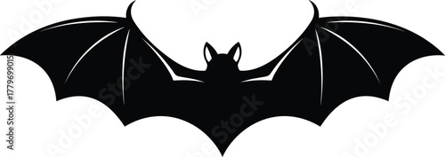Flying bat silhouette with open wings, spooky Halloween night symbol, gothic wildlife vector illustration for horror theme, dark creature design element