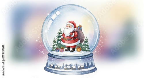 Christmas snow globe with Santa Claus holding gifts and trees inside on white background