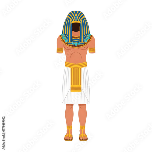 Ancient egyptian pharaoh wearing traditional regalia, including a nemes headdress and ornate collar, isolated on white background
