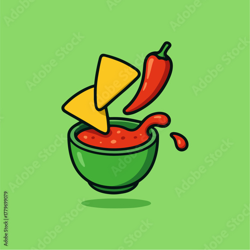 Spicy Snack: A vibrant depiction of Mexican cuisine featuring crispy tortilla chips ready for dipping into a flavorful bowl of salsa, accompanied by a spicy chili pepper.