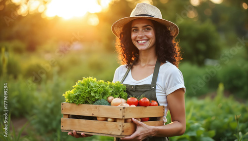 Young smiling woman farmer holds wooden crate with fresh picked garden vegetables. Wears hat, apron outdoors in green field at warm golden sunset light. Healthy organic food harvest brings joy to