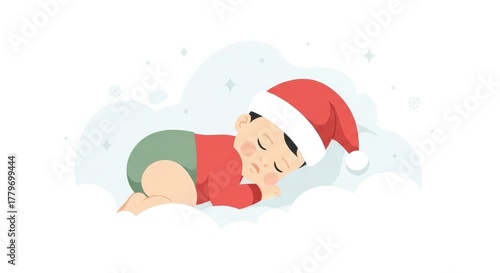 Cute baby sleeping on fluffy cloud wearing a Santa hat minimal flat illustration