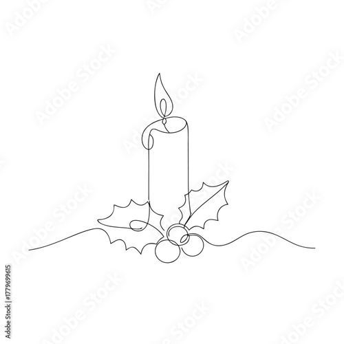 Single line drawing of a Christmas candle with holly