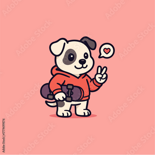 Dog Skateboarder: An adorable cartoon dog embraces peace and love while holding skateboard. The image conveys fun and positivity.