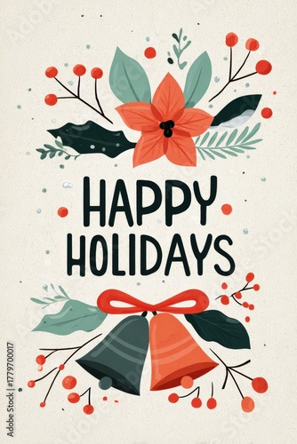 Stylized Happy Holidays Banner with Winter Foliage and Bells Design