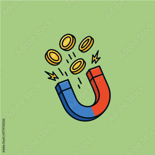 Financial Attraction: A colorful illustration depicts the concept of financial magnetism, with coins being drawn towards a horseshoe magnet against a plain backdrop.